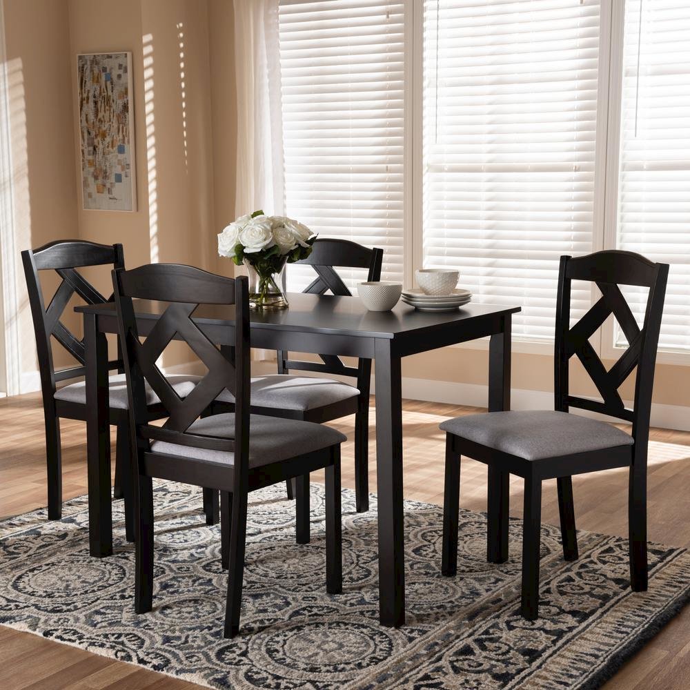 Espresso Brown Finished and Grey Fabric Upholstered 5-Piece Dining Set. Picture 6