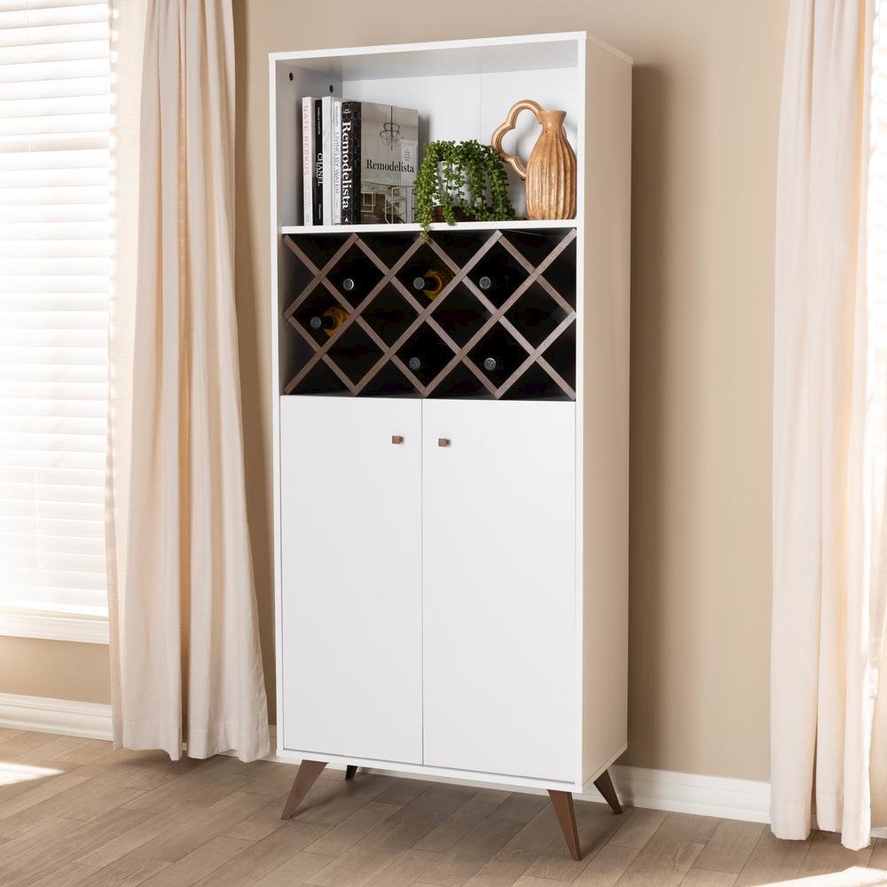 Serafino Mid-Century Modern White and Walnut Finished Wood Wine Cabinet. Picture 15