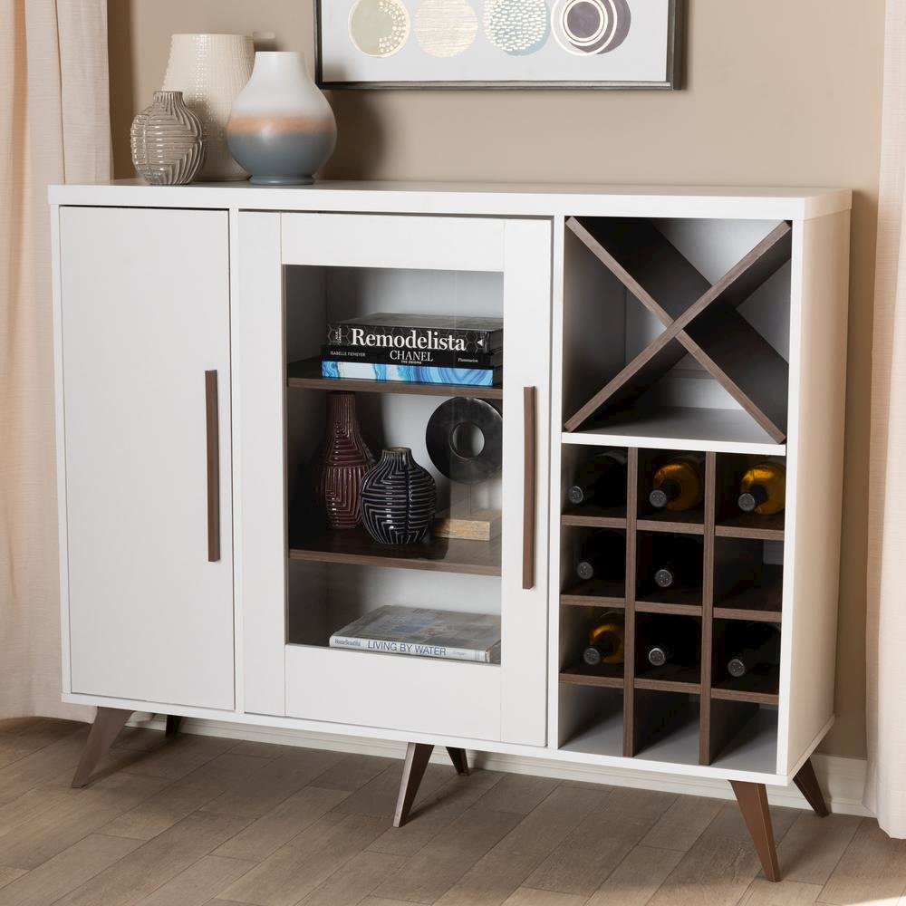 Baxton Studio Pietro Mid-Century Modern White and Brown Finished Wine Cabinet. Picture 15