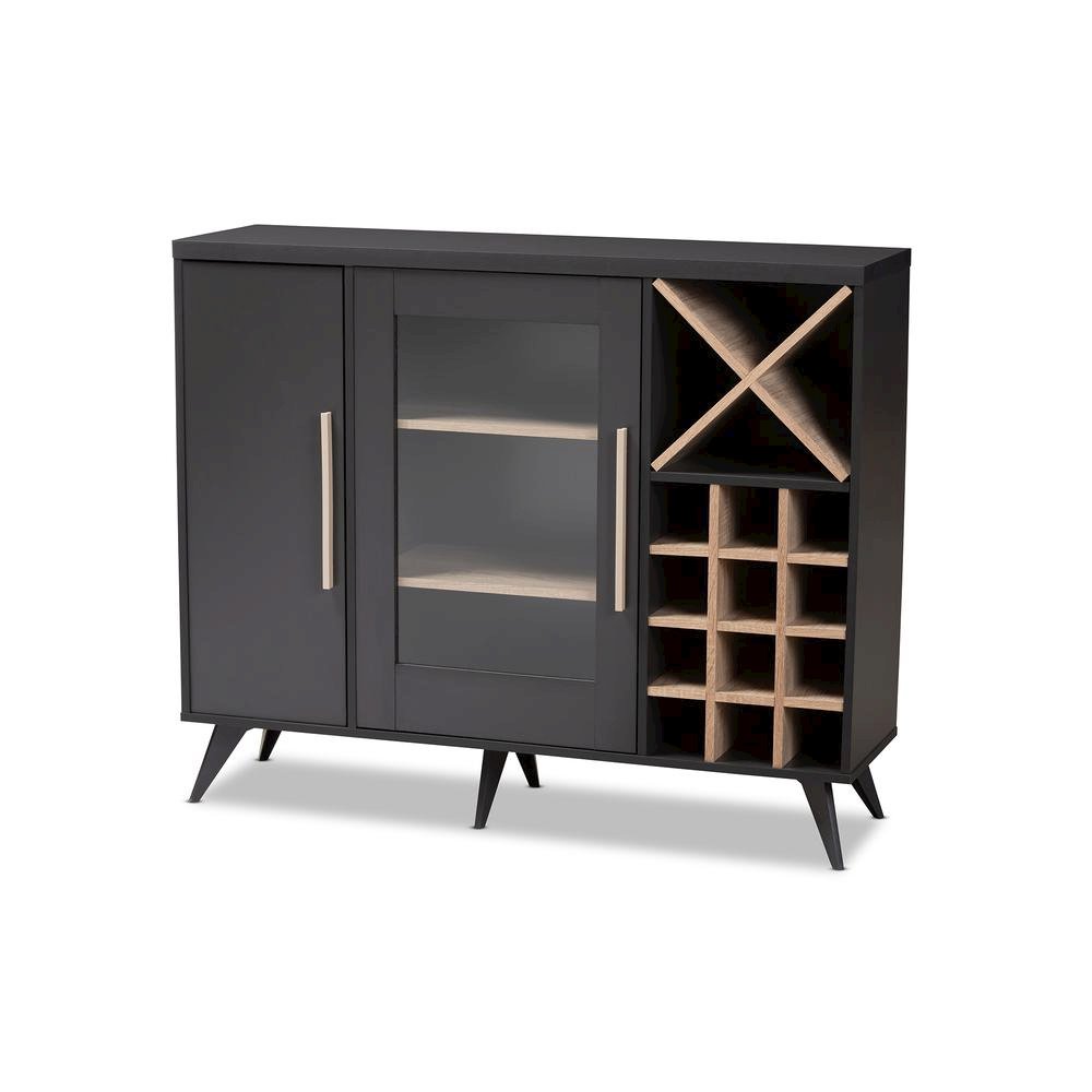 Baxton Studio Pietro Mid-Century Modern Dark Grey and Oak Finished Wine Cabinet. Picture 9