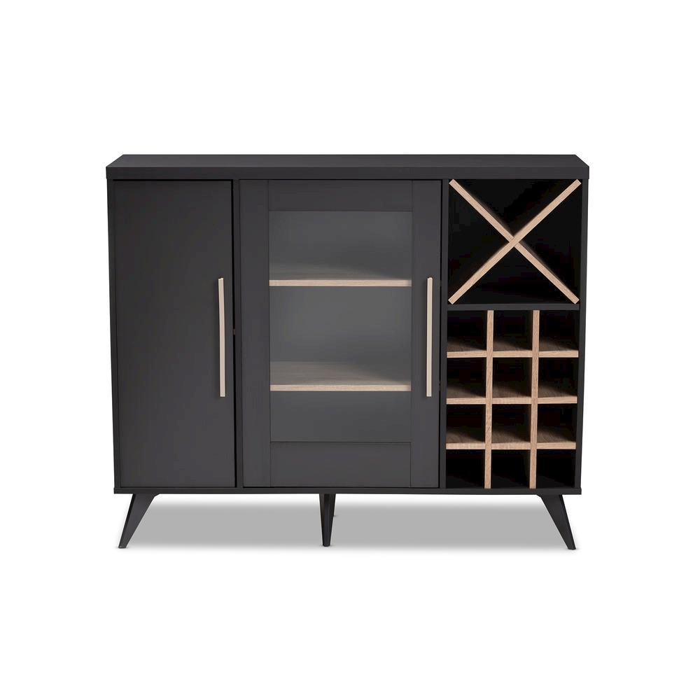 Baxton Studio Pietro Mid-Century Modern Dark Grey and Oak Finished Wine Cabinet. Picture 11
