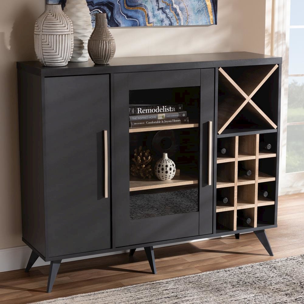 Baxton Studio Pietro Mid-Century Modern Dark Grey and Oak Finished Wine Cabinet. Picture 15