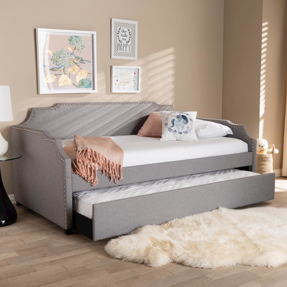 Grey Fabric Upholstered Twin Size Sofa Daybed with Roll Out Trundle Guest Bed. Picture 18