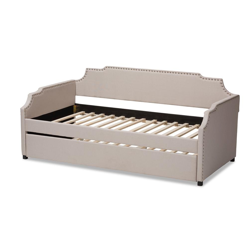 Beige Fabric Upholstered Twin Size Sofa Daybed with Roll Out Trundle Guest Bed. Picture 14