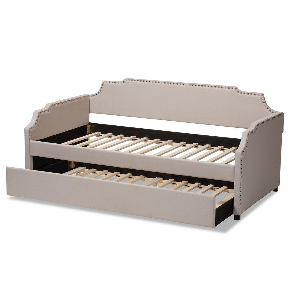 Beige Fabric Upholstered Twin Size Sofa Daybed with Roll Out Trundle Guest Bed. Picture 15