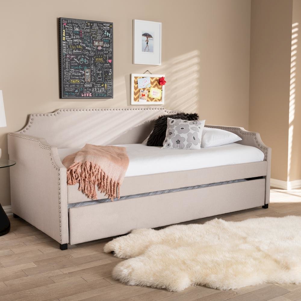 Beige Fabric Upholstered Twin Size Sofa Daybed with Roll Out Trundle Guest Bed. Picture 17