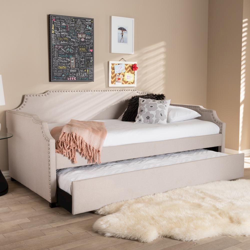 Beige Fabric Upholstered Twin Size Sofa Daybed with Roll Out Trundle Guest Bed. Picture 18
