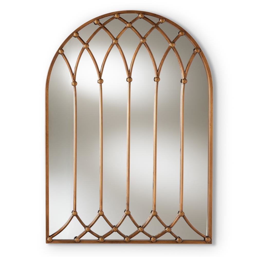 Freja Vintage Farmhouse Antique Bronze Finished Arched Window Accent Wall Mirror. Picture 7