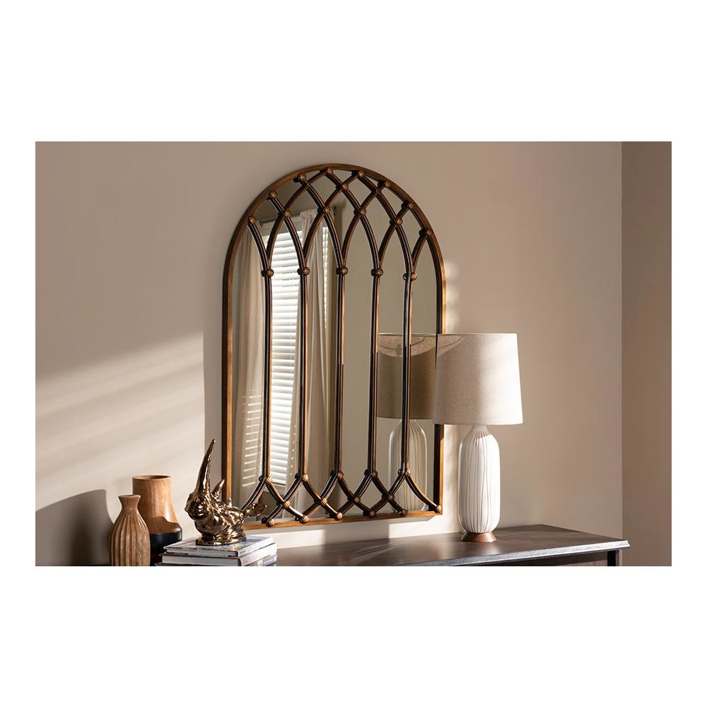 Freja Vintage Farmhouse Antique Bronze Finished Arched Window Accent Wall Mirror. Picture 2