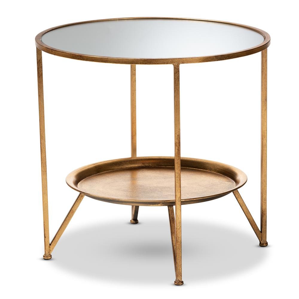 Antique Gold Finished Metal and Mirrored Glass Accent Table with Tray Shelf. Picture 7