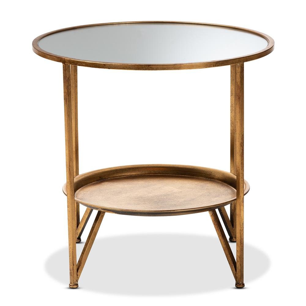 Antique Gold Finished Metal and Mirrored Glass Accent Table with Tray Shelf. Picture 8