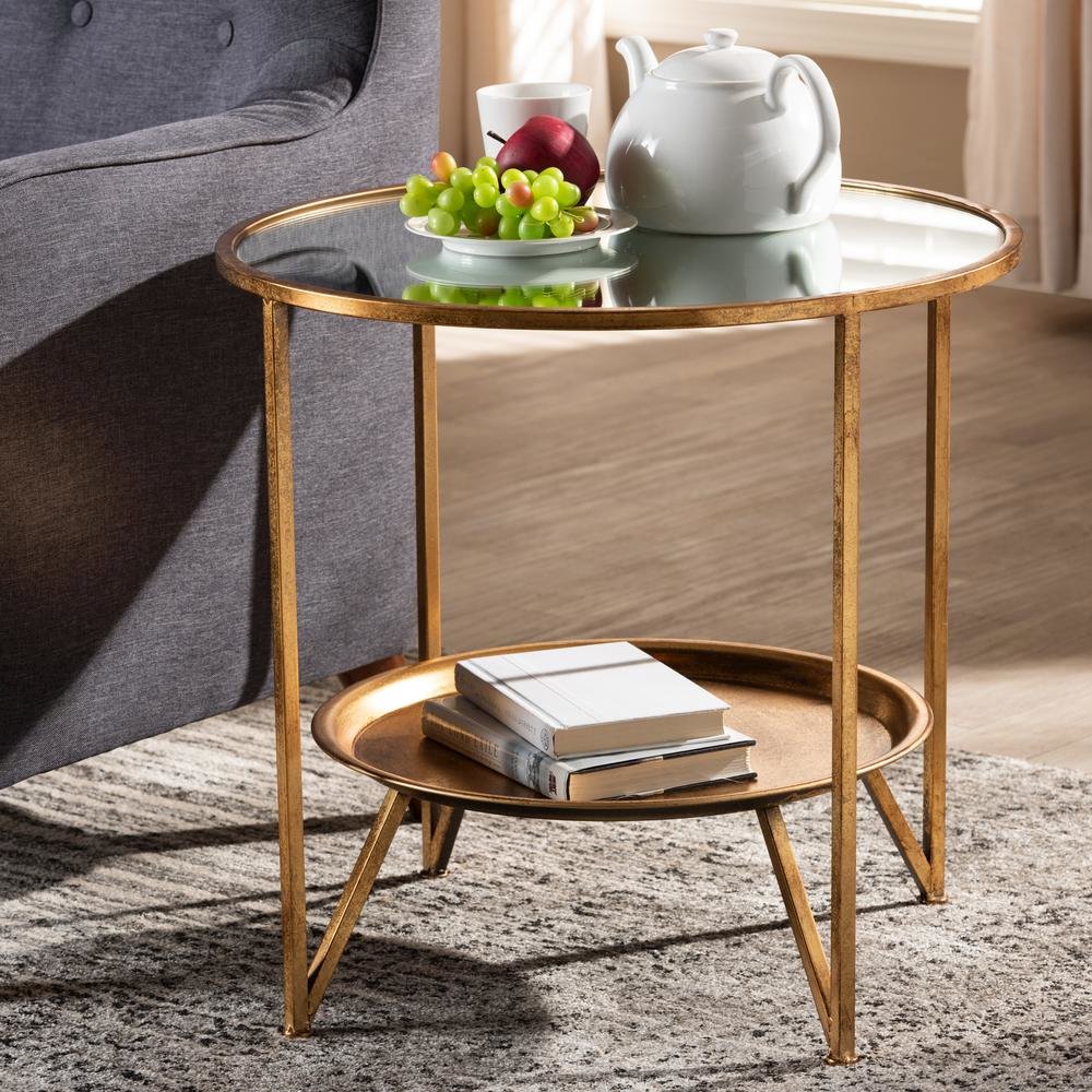 Antique Gold Finished Metal and Mirrored Glass Accent Table with Tray Shelf. Picture 10