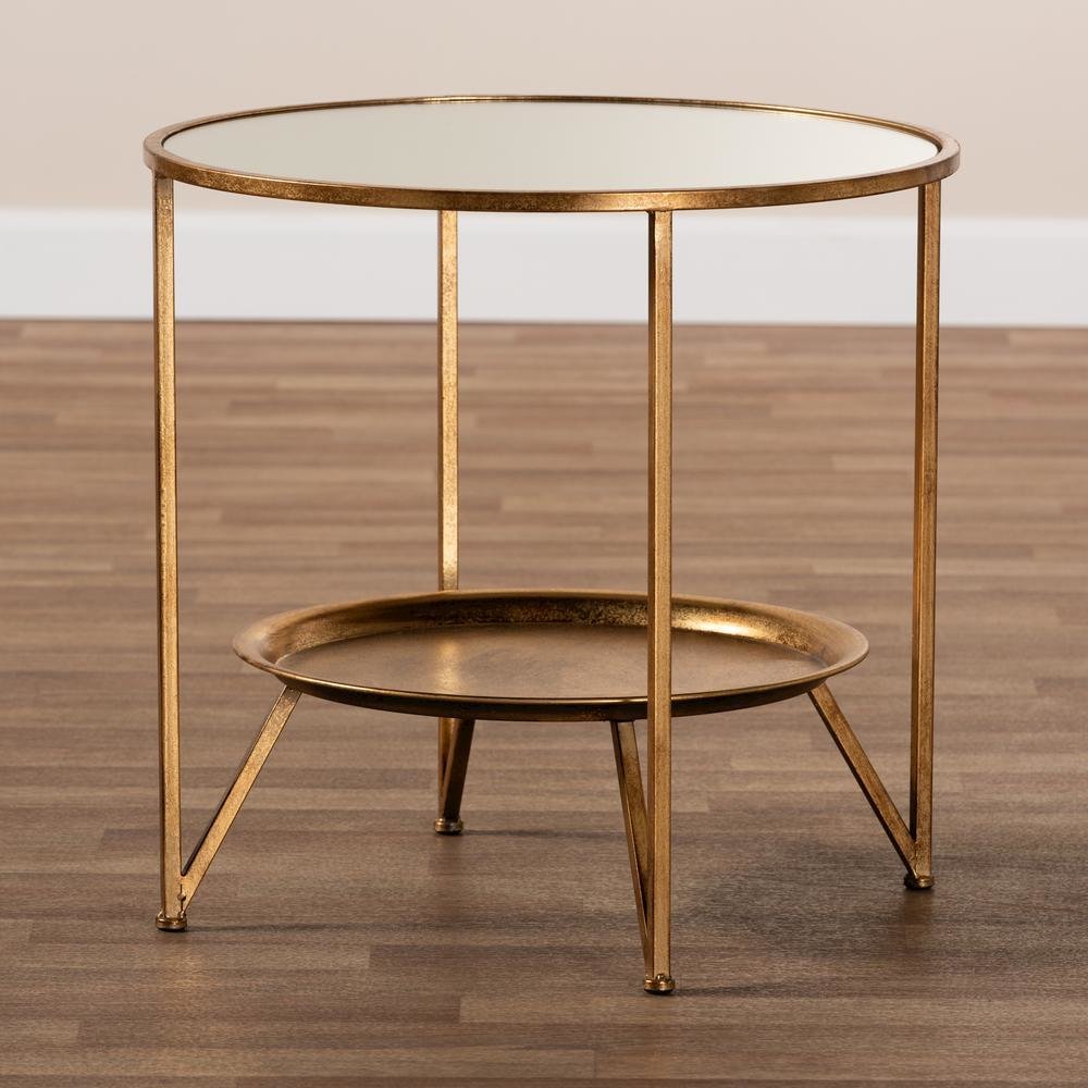 Antique Gold Finished Metal and Mirrored Glass Accent Table with Tray Shelf. Picture 11