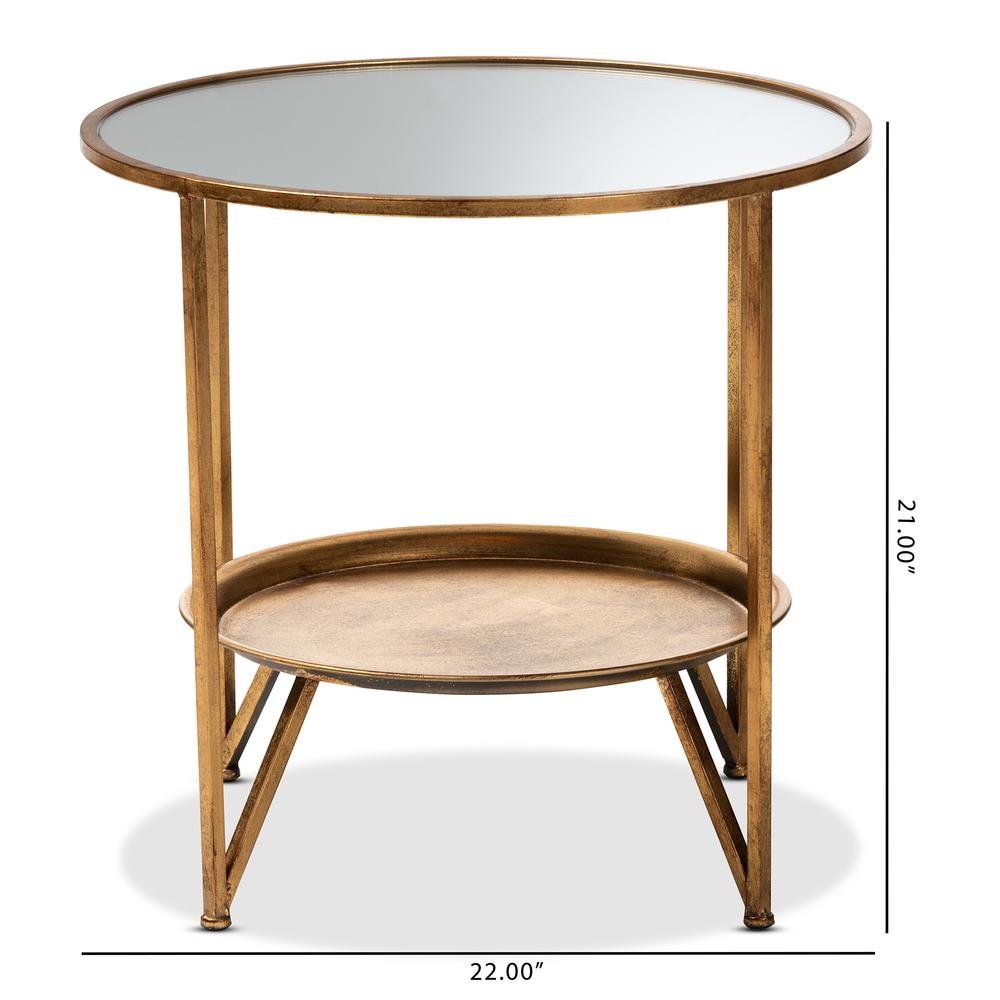 Antique Gold Finished Metal and Mirrored Glass Accent Table with Tray Shelf. Picture 12