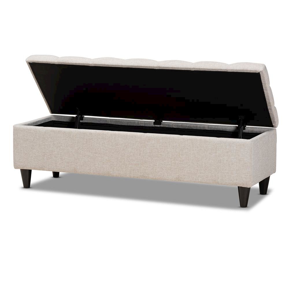 Light Blue Fabric Upholstered Dark Brown Finished Wood Storage Bench Ottoman. Picture 12