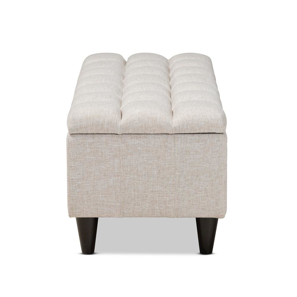 Light Blue Fabric Upholstered Dark Brown Finished Wood Storage Bench Ottoman. Picture 14