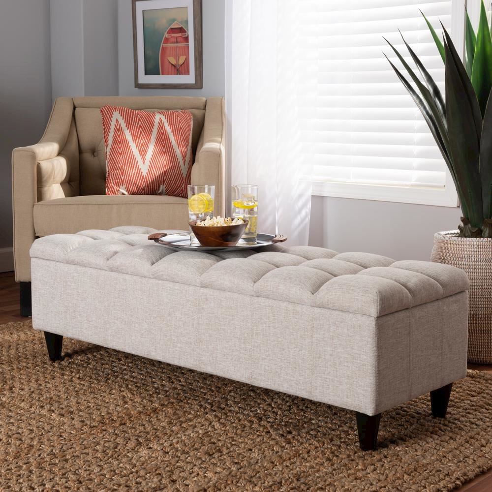 Light Blue Fabric Upholstered Dark Brown Finished Wood Storage Bench Ottoman. Picture 17