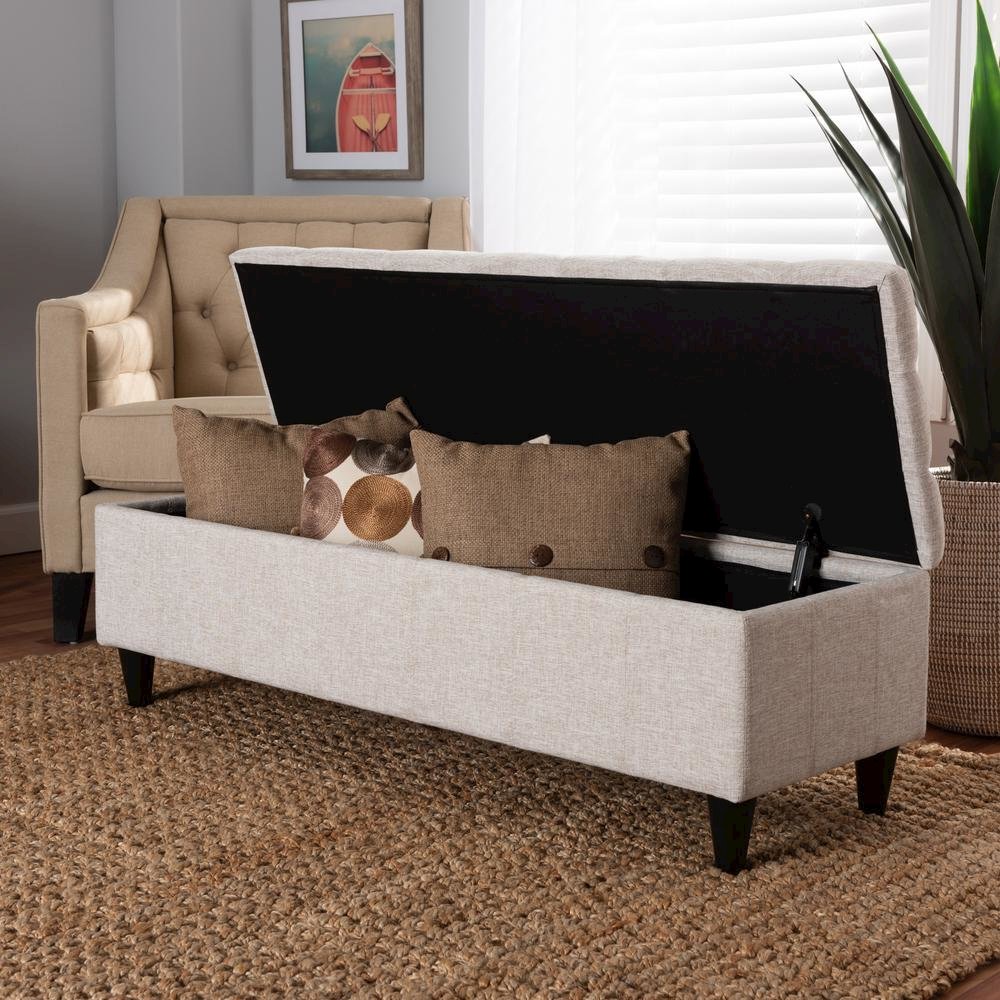 Light Blue Fabric Upholstered Dark Brown Finished Wood Storage Bench Ottoman. Picture 18