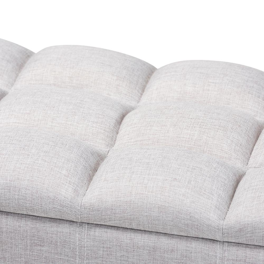 Grayish Beige Fabric Upholstered Dark Brown Finished Wood Storage Bench Ottoman. Picture 17