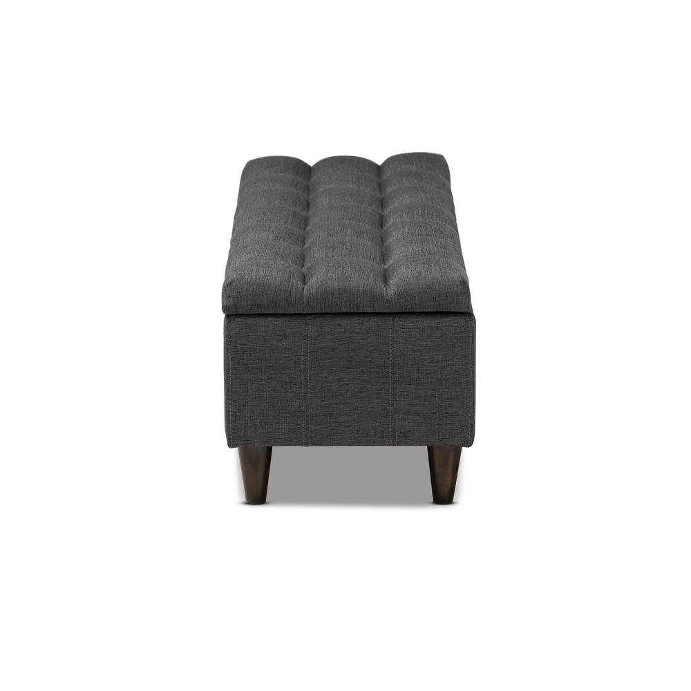 Charcoal Fabric Upholstered Dark Brown Finished Wood Storage Bench Ottoman. Picture 15