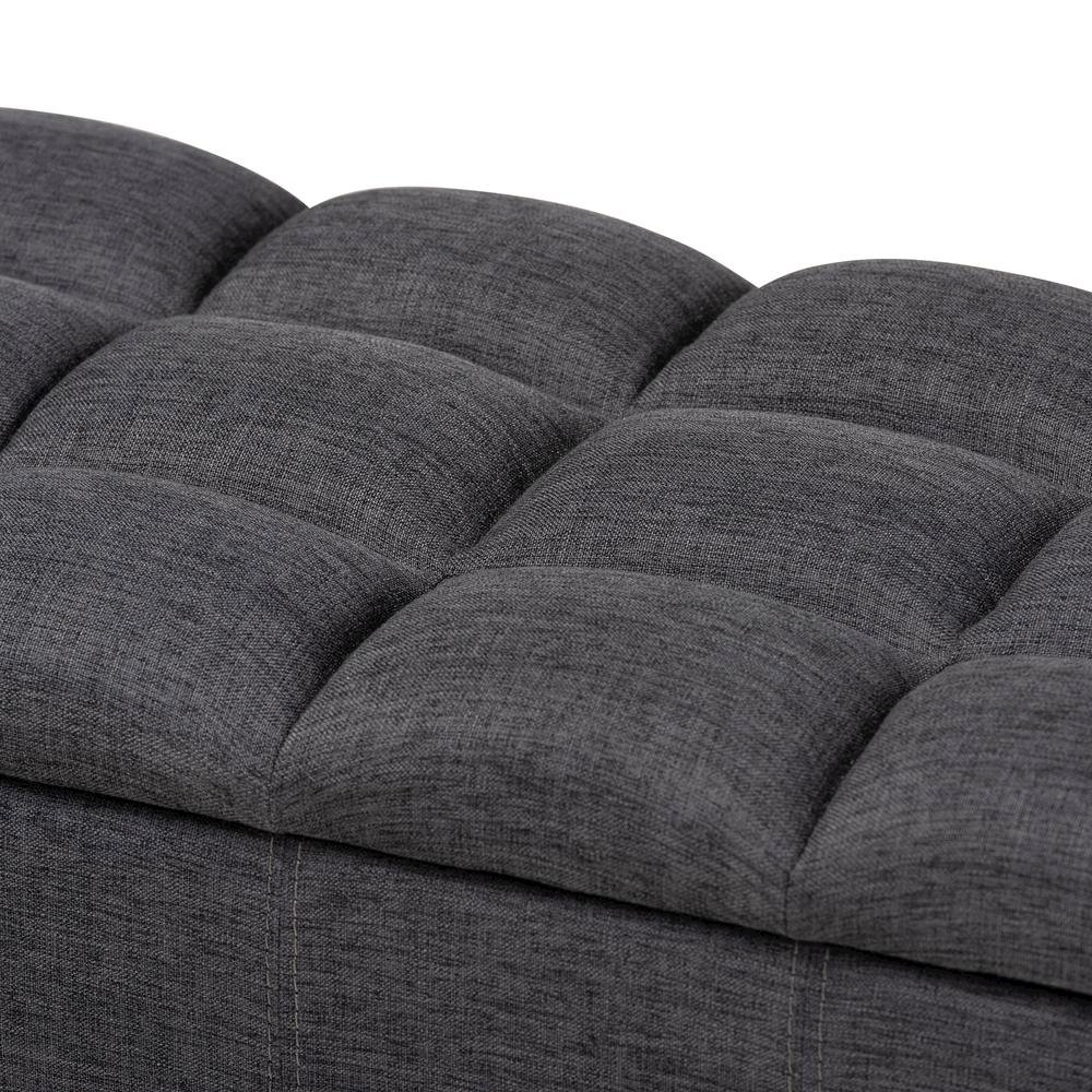 Charcoal Fabric Upholstered Dark Brown Finished Wood Storage Bench Ottoman. Picture 17