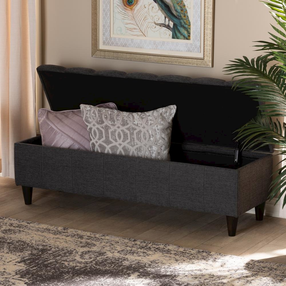 Charcoal Fabric Upholstered Dark Brown Finished Wood Storage Bench Ottoman. Picture 20