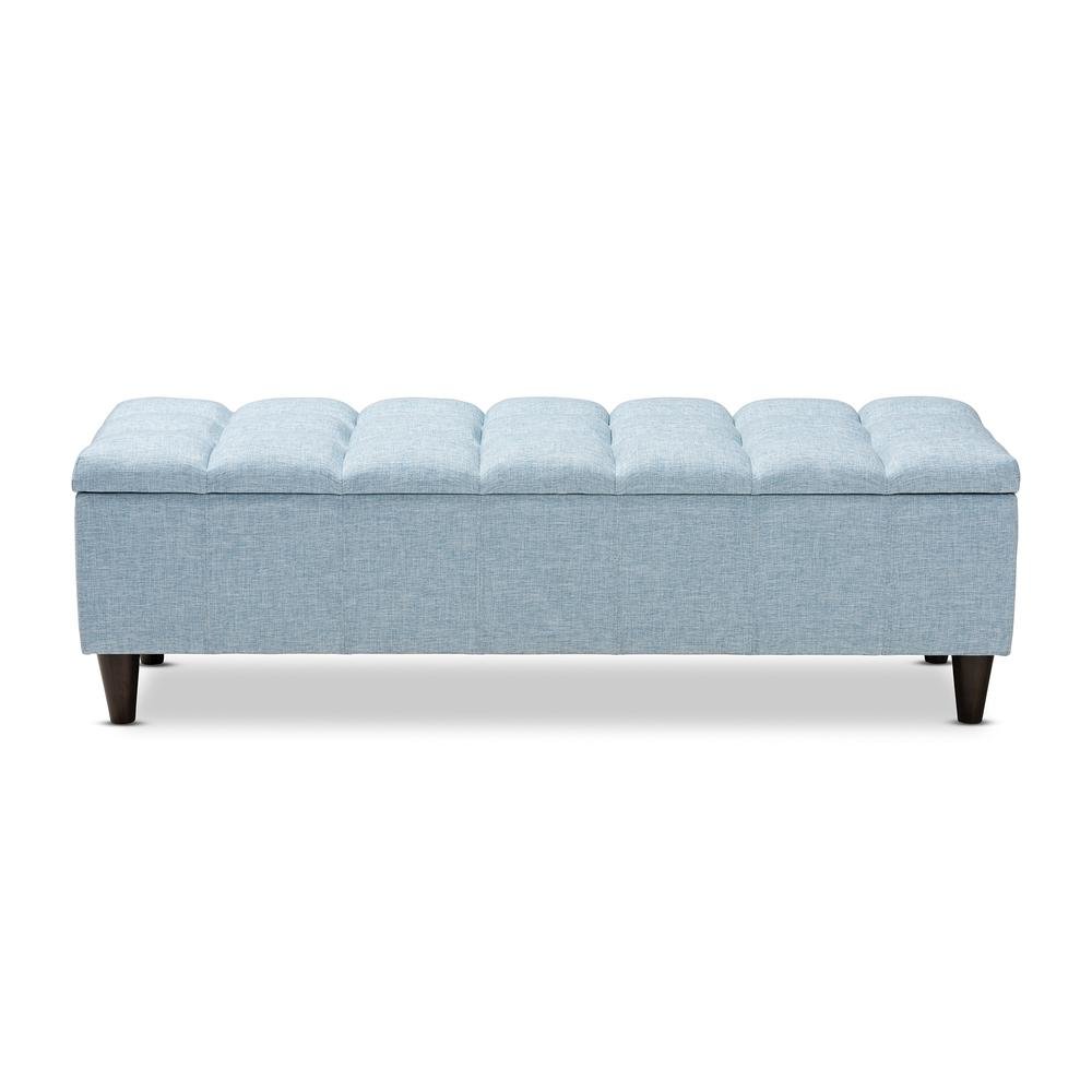 Light Blue Fabric Upholstered Dark Brown Finished Wood Storage Bench Ottoman. Picture 14