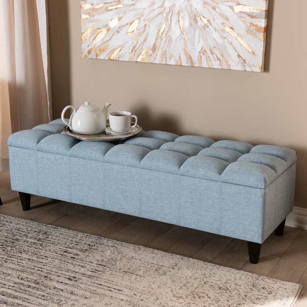 Light Blue Fabric Upholstered Dark Brown Finished Wood Storage Bench Ottoman. Picture 19