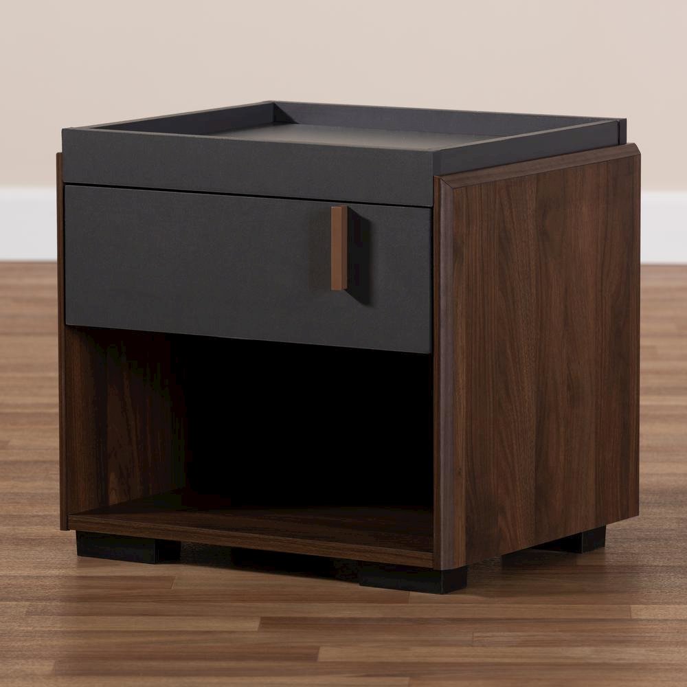 Two-Tone Gray and Walnut Finished Wood 1-Drawer Nightstand. Picture 15