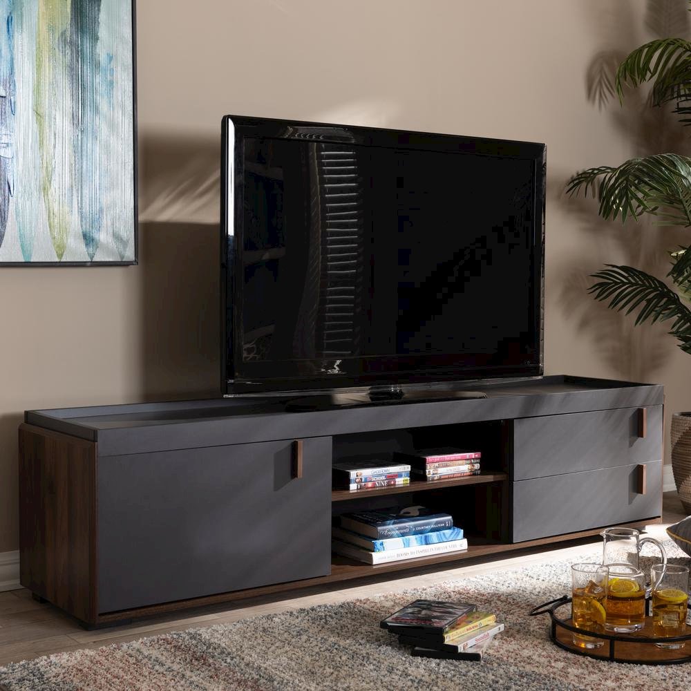 Two-Tone Gray and Walnut Finished Wood 2-Drawer TV Stand. Picture 14
