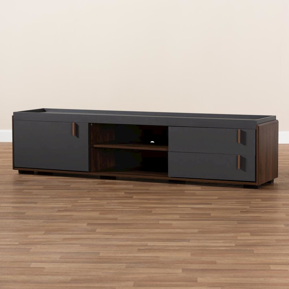 Two-Tone Gray and Walnut Finished Wood 2-Drawer TV Stand. Picture 15