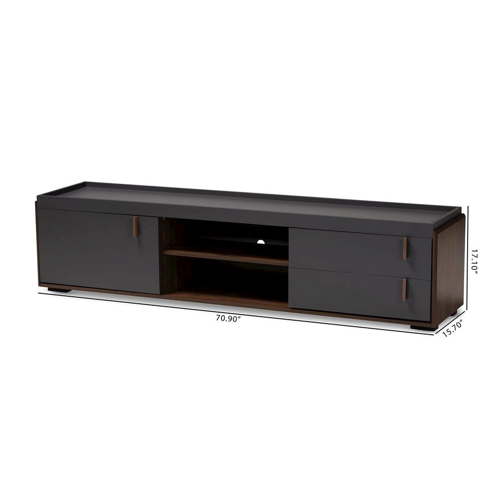 Two-Tone Gray and Walnut Finished Wood 2-Drawer TV Stand. Picture 16