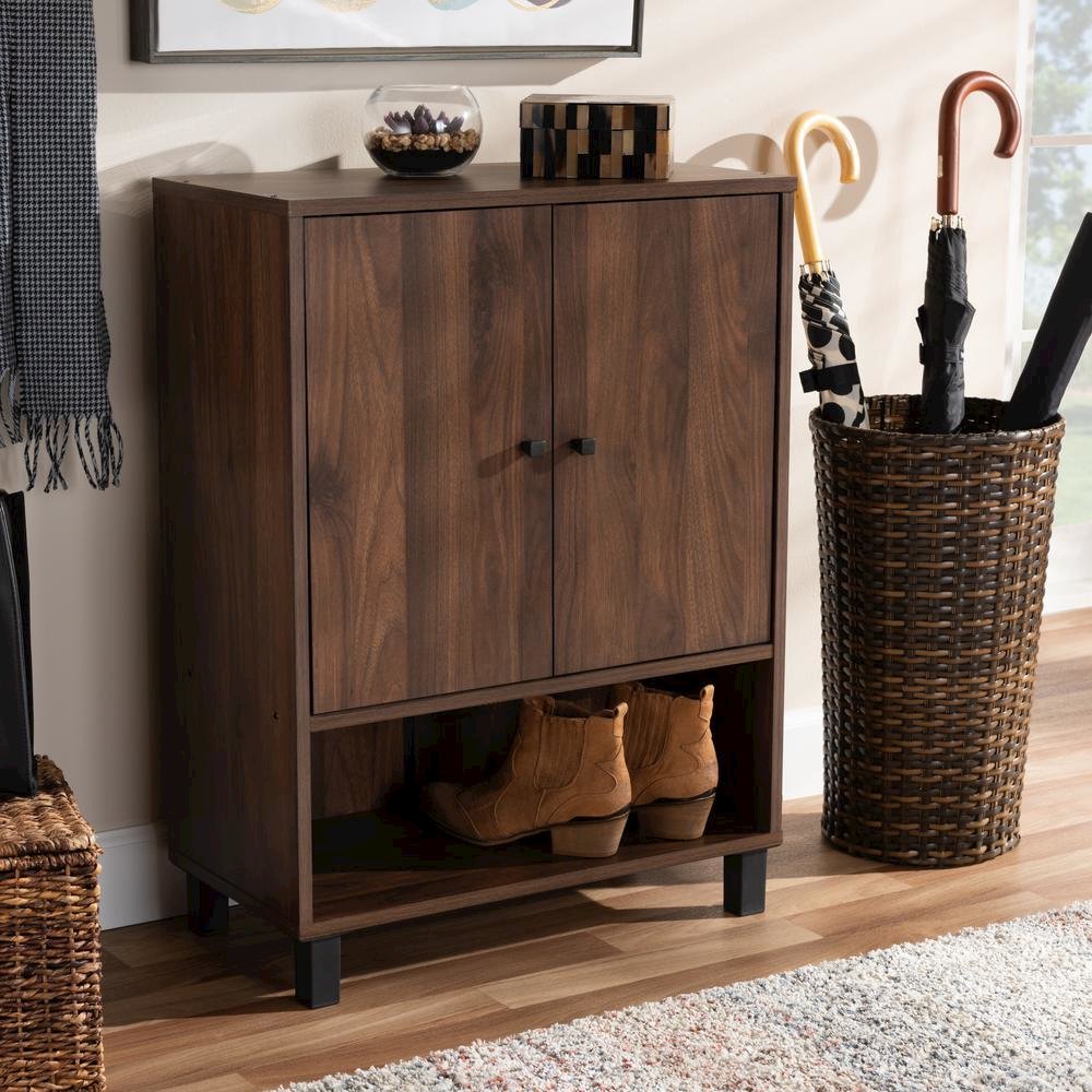 Walnut Brown Finished 2-Door Wood Entryway Shoe Storage Cabinet. Picture 17
