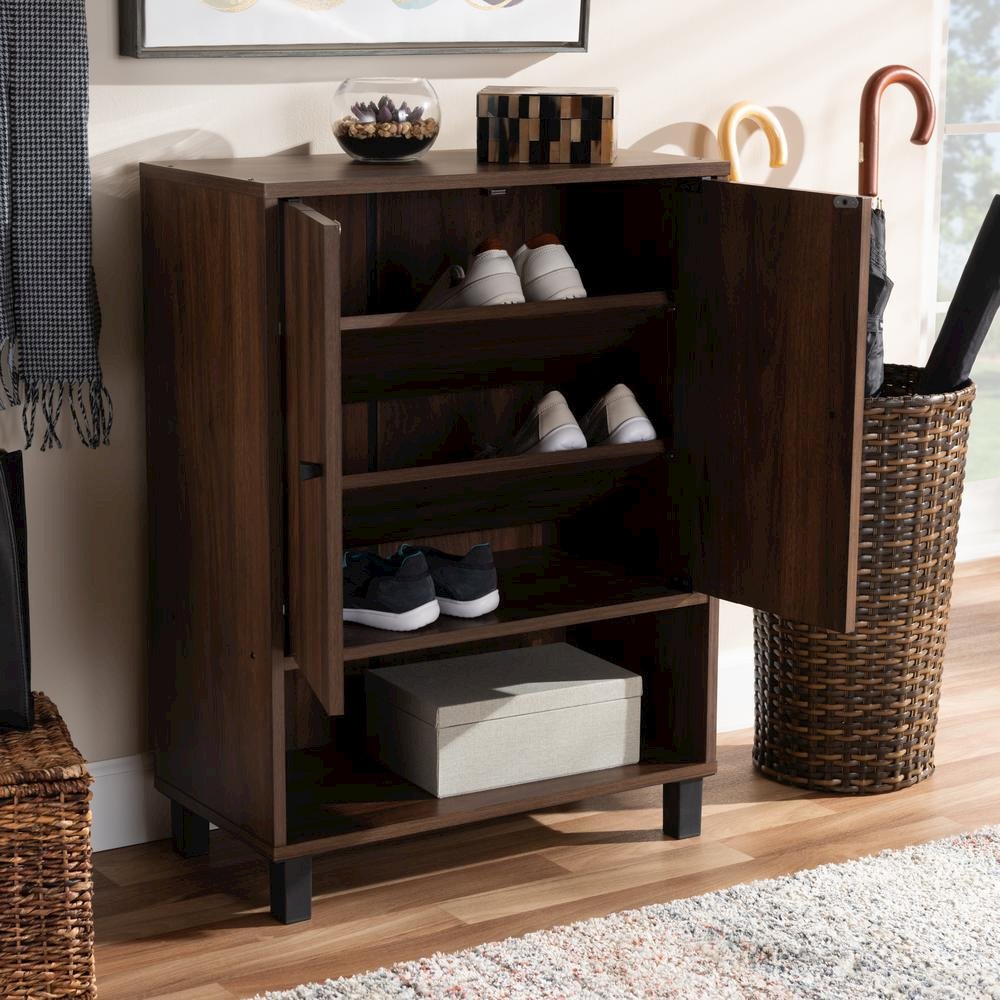 Walnut Brown Finished 2-Door Wood Entryway Shoe Storage Cabinet. Picture 18