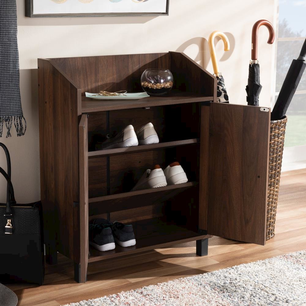 Walnut Brown Finished 2-Door Wood Entryway Shoe Storage Cabinet with Open Shelf. Picture 18