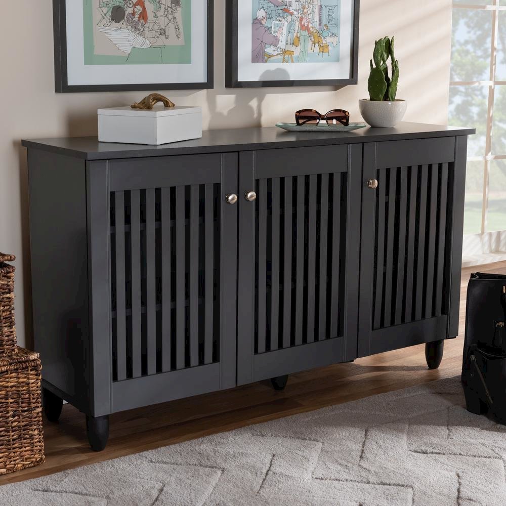 Dark Gray 3-Door Wooden Entryway Shoe Storage Wide Cabinet. Picture 17
