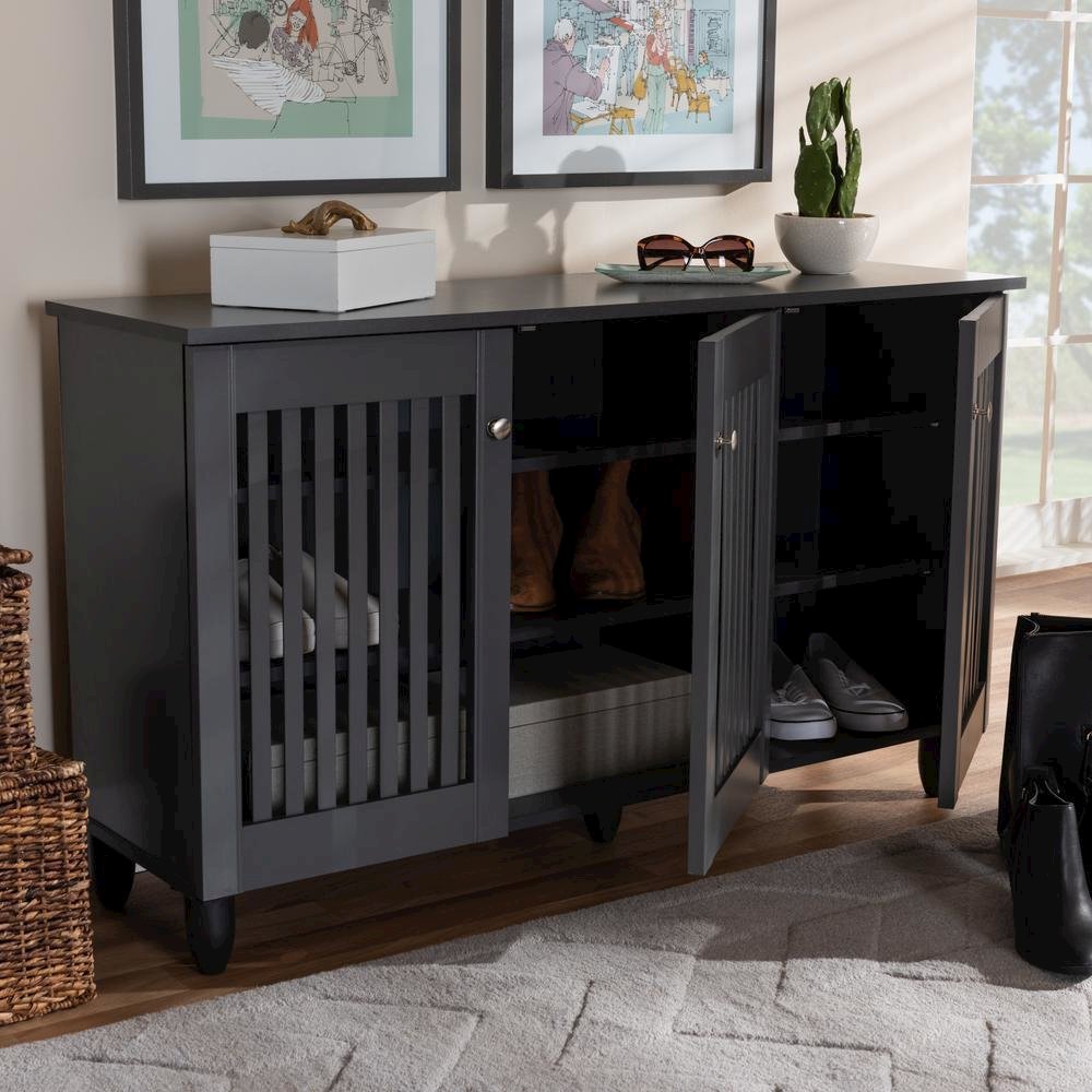 Dark Gray 3-Door Wooden Entryway Shoe Storage Wide Cabinet. Picture 18