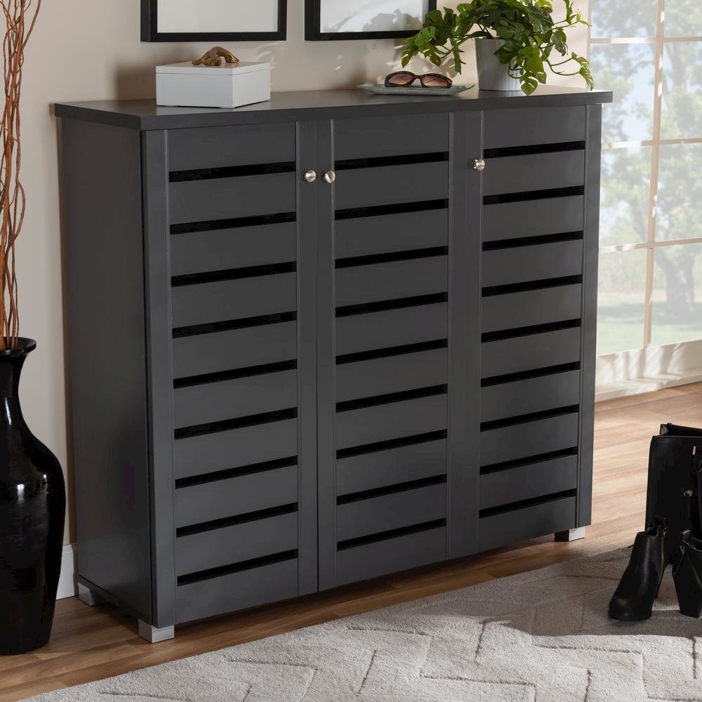 Dark Gray 3-Door Wooden Entryway Shoe Storage Cabinet. Picture 17