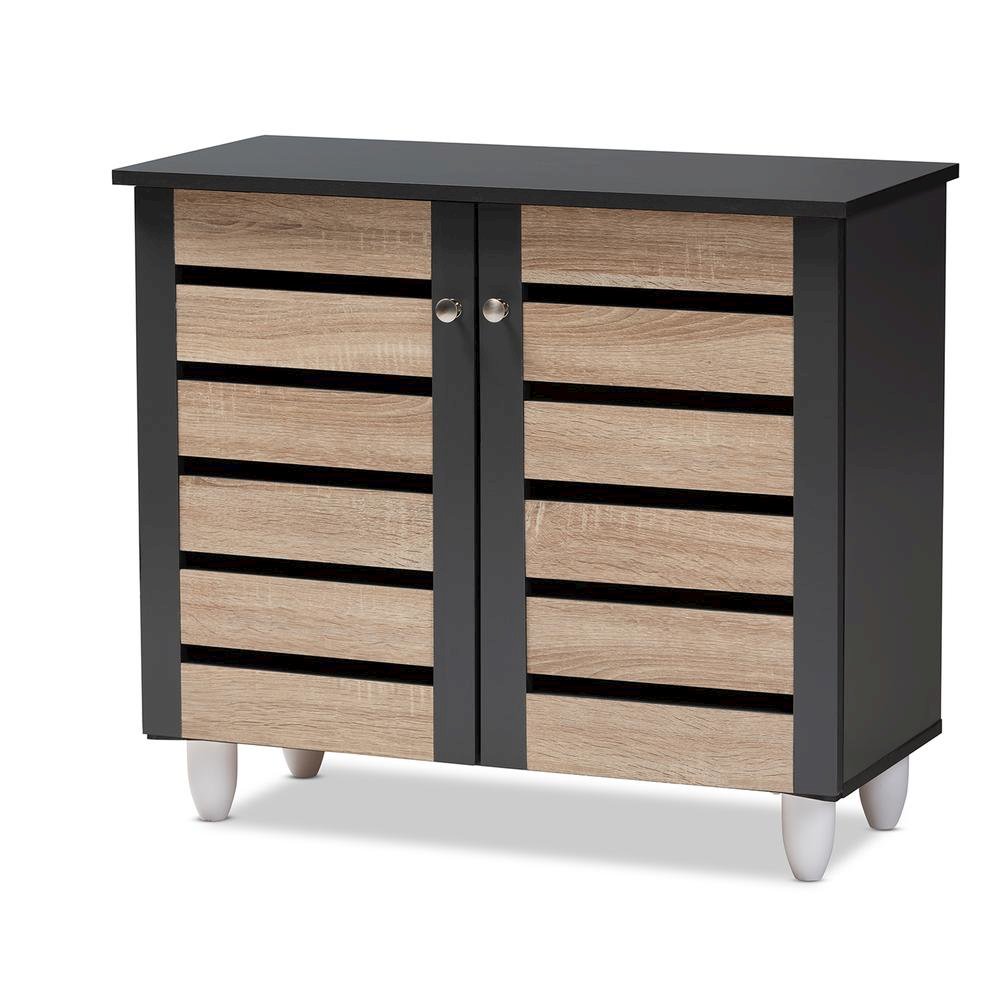 Two-Tone Oak and Dark Gray 2-Door Shoe Storage Cabinet. Picture 10