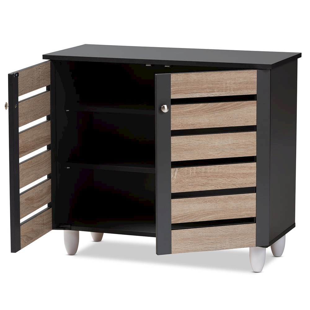 Two-Tone Oak and Dark Gray 2-Door Shoe Storage Cabinet. Picture 11