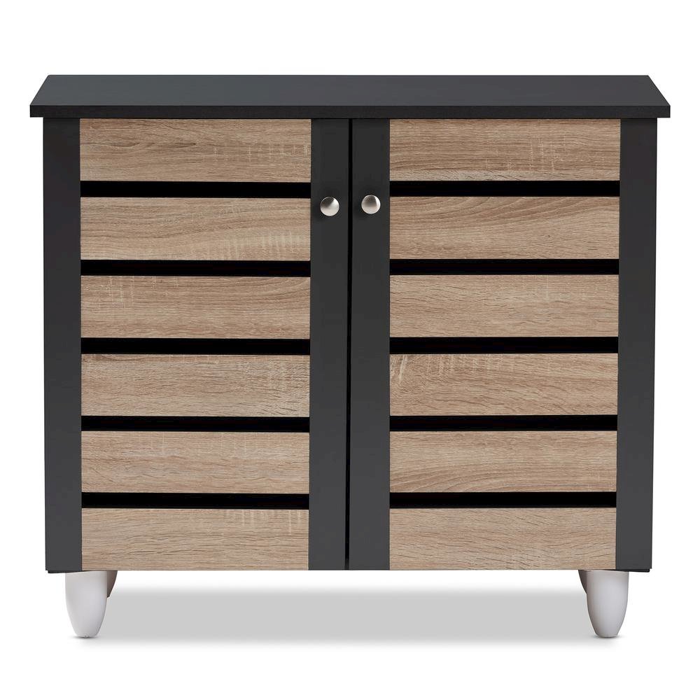 Two-Tone Oak and Dark Gray 2-Door Shoe Storage Cabinet. Picture 12