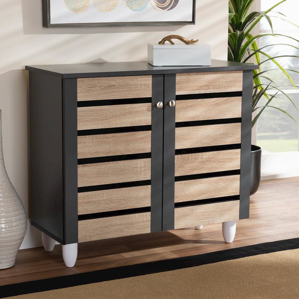 Two-Tone Oak and Dark Gray 2-Door Shoe Storage Cabinet. Picture 15