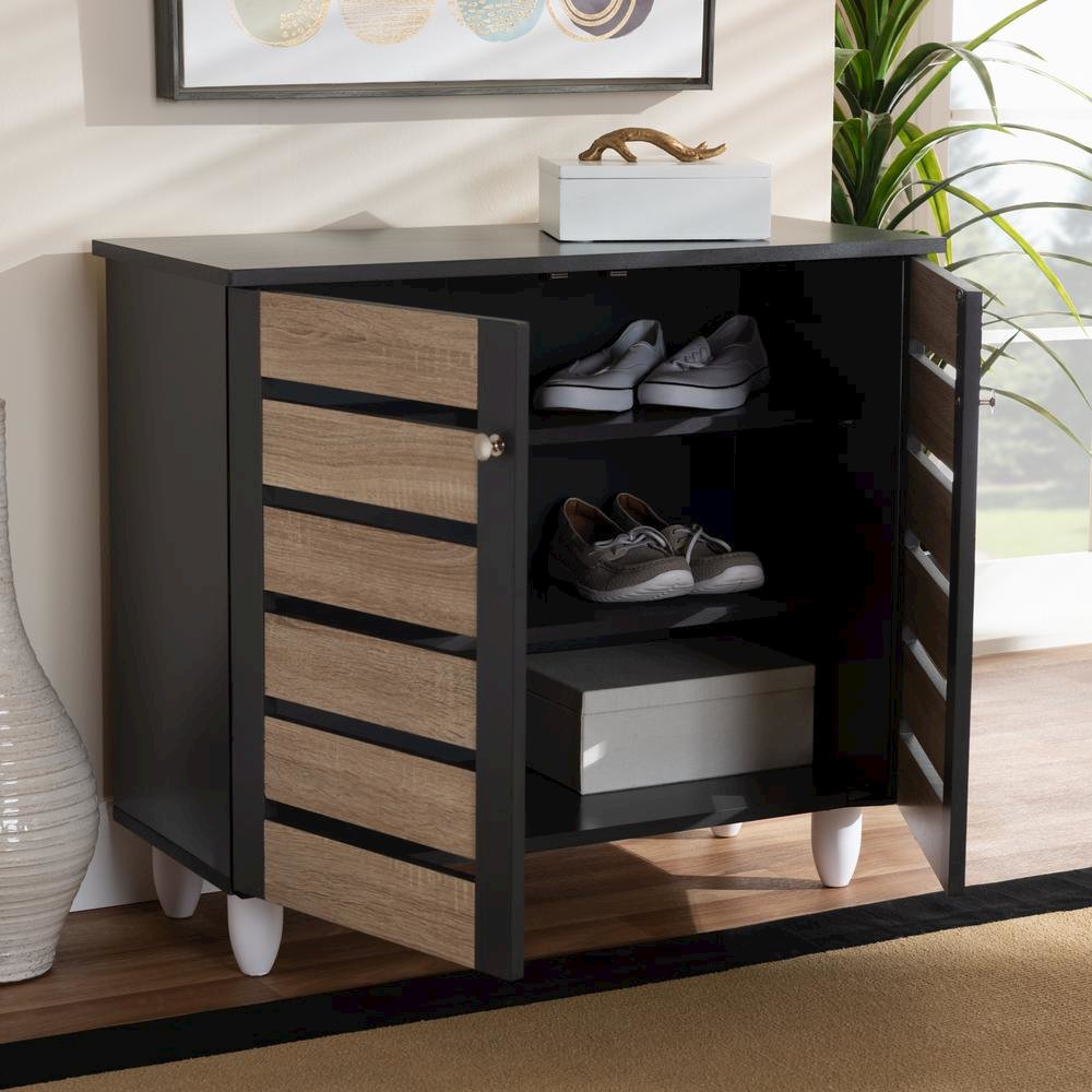 Two-Tone Oak and Dark Gray 2-Door Shoe Storage Cabinet. Picture 16
