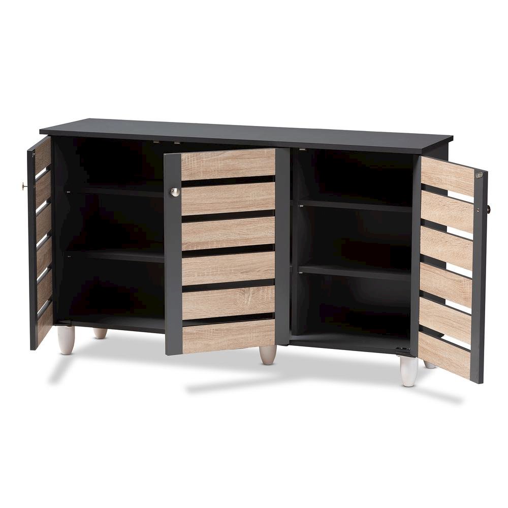 Two-Tone Oak and Dark Gray 3-Door Shoe Storage Cabinet. Picture 12