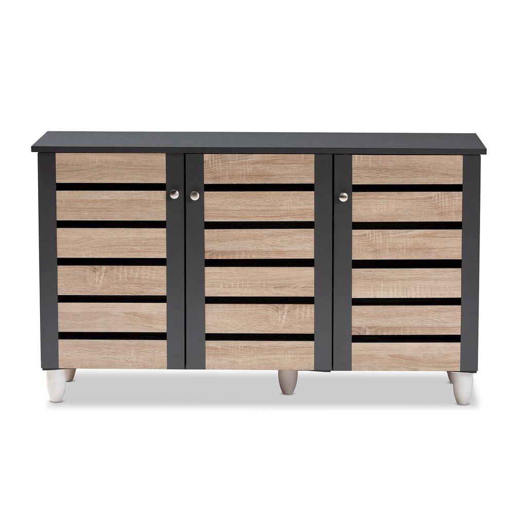 Two-Tone Oak and Dark Gray 3-Door Shoe Storage Cabinet. Picture 13