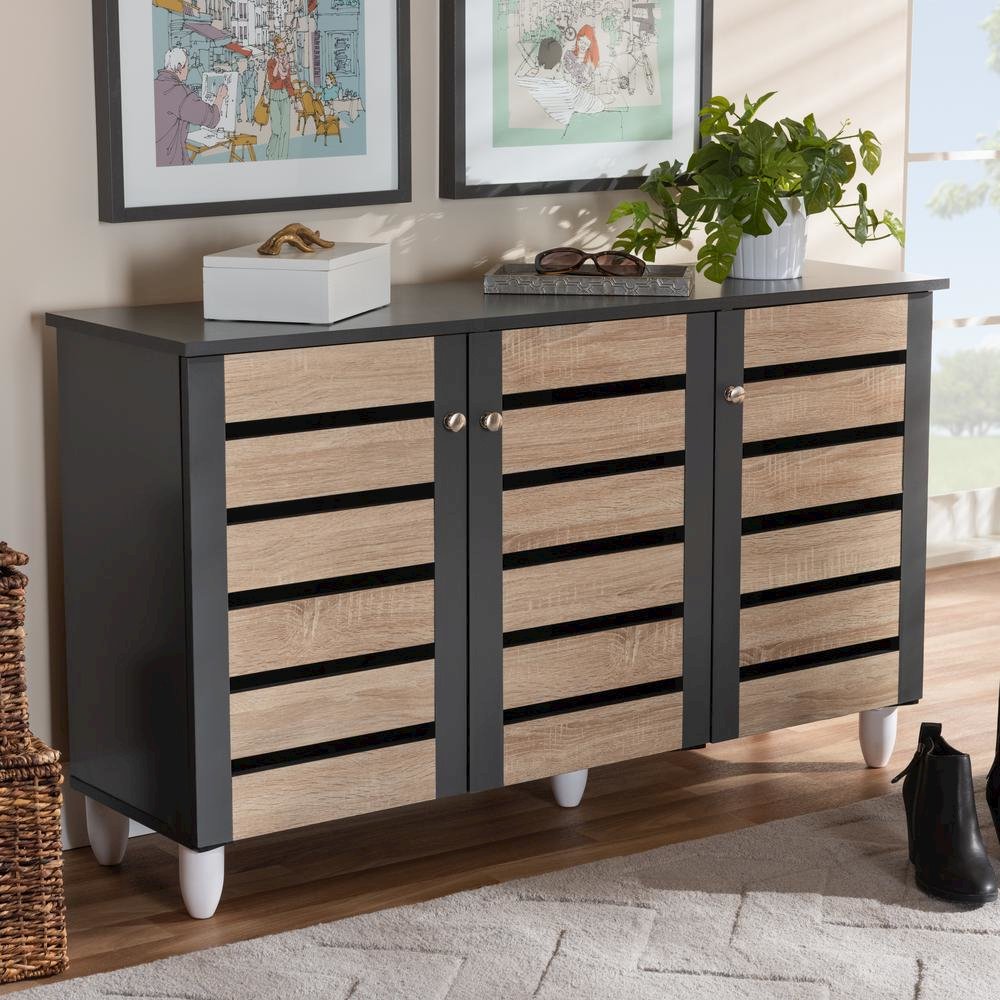 Two-Tone Oak and Dark Gray 3-Door Shoe Storage Cabinet. Picture 17
