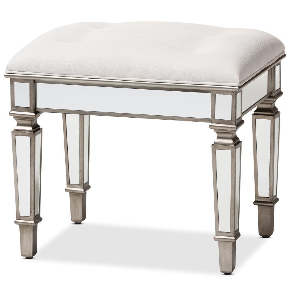 Off White Fabric Upholstered Mirrored Ottoman Vanity Bench. Picture 8