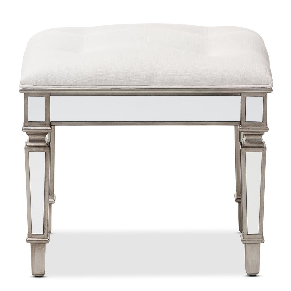 Off White Fabric Upholstered Mirrored Ottoman Vanity Bench. Picture 9