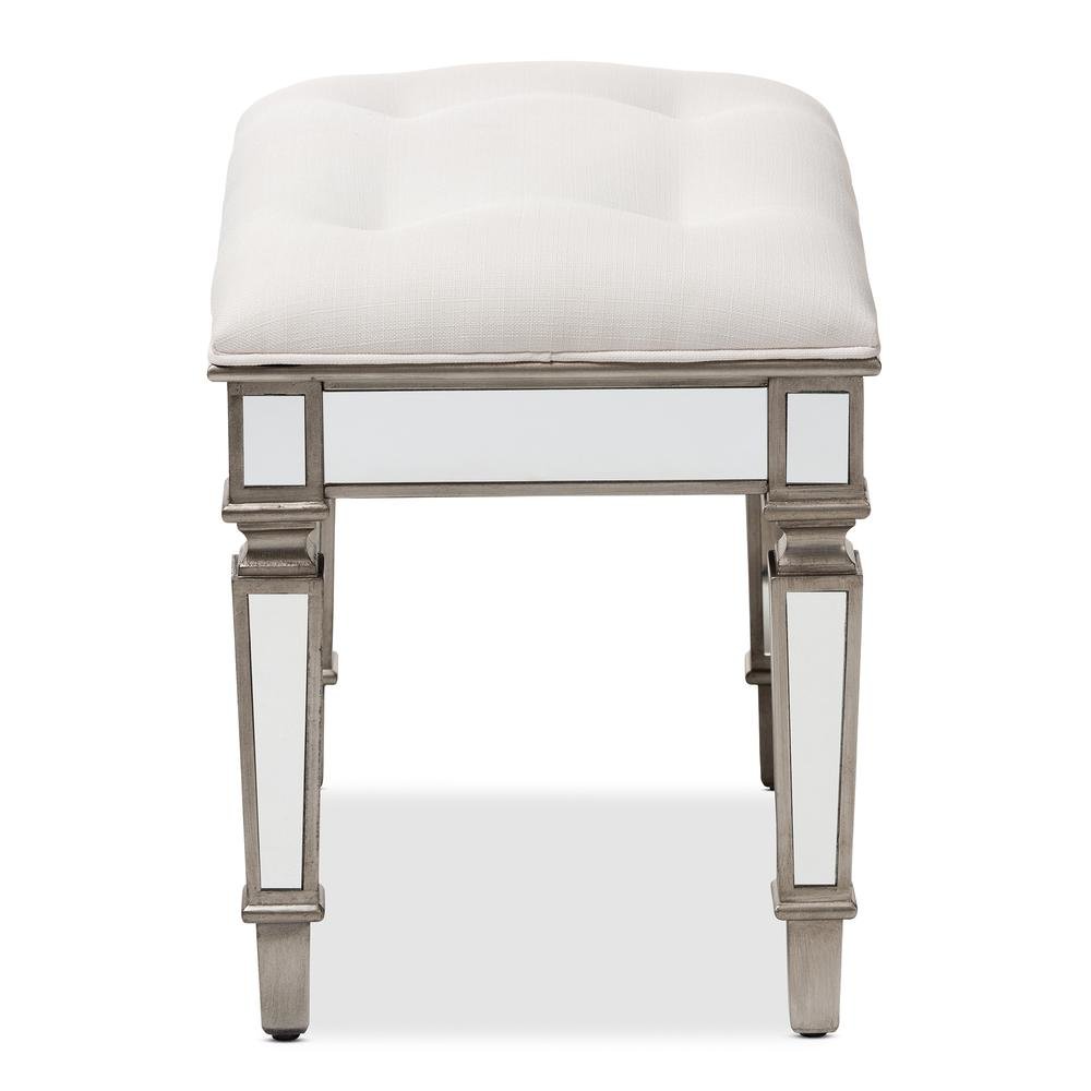 Off White Fabric Upholstered Mirrored Ottoman Vanity Bench. Picture 10