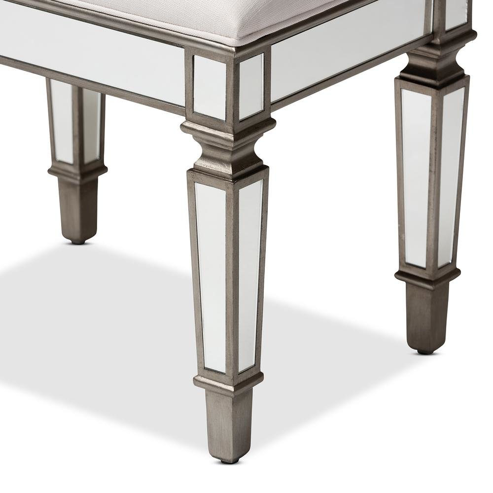 Off White Fabric Upholstered Mirrored Ottoman Vanity Bench. Picture 12